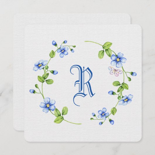 eenvoudige blauwe florale mond met monogram kaart (Voorkant / Achterkant)