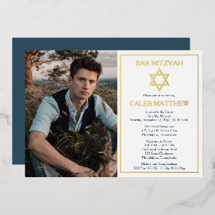 Eenvoudige Blauwe Foto Davidster Bar Mitzvah - Gou Folie Uitnodiging