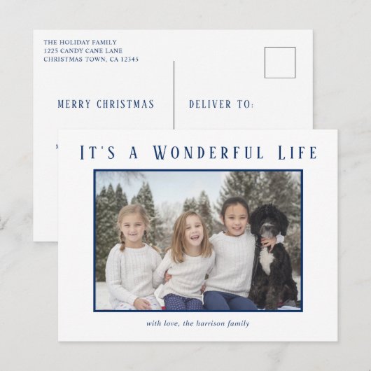 Eenvoudige blauwe foto minimalistische moderne ker feestdagenkaart (Voorkant / Achterkant)