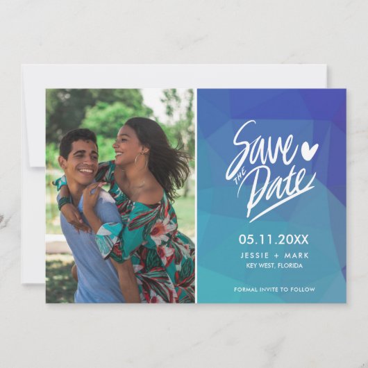 Eenvoudige Blauwe Foto Moderne Bruiloft Save the D Aankondiging (Voorkant)