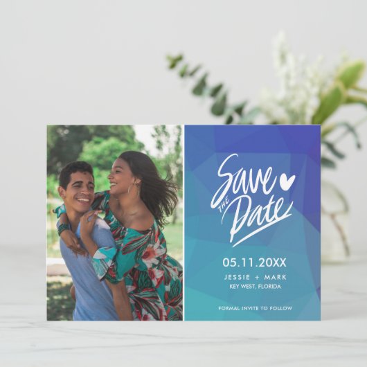 Eenvoudige Blauwe Foto Moderne Bruiloft Save the D Aankondiging (Staand voorkant)