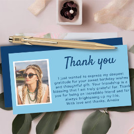 Eenvoudige blauwe foto verjaardag bedankkaart