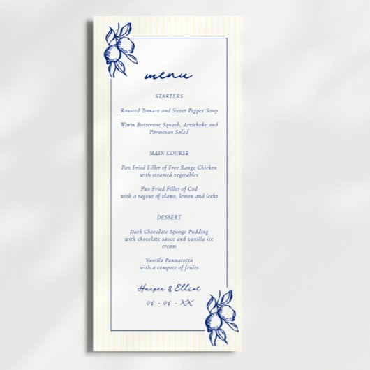 Eenvoudige Blauwe & Gele Doodle Citroenen Huwelijk Menu