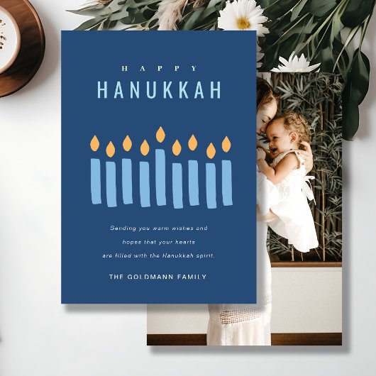 Eenvoudige Blauwe Gele Kaarsen Gelukkig Hanukkah F Feestdagenkaart