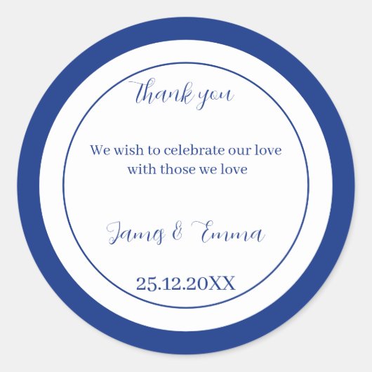 Eenvoudige blauwe gepersonaliseerde bruiloft ronde sticker (Voorkant)