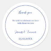 Eenvoudige blauwe gepersonaliseerde bruiloft ronde sticker (Voorkant)