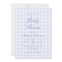 Eenvoudige Blauwe Gingham Baby Shower Uitnodiging