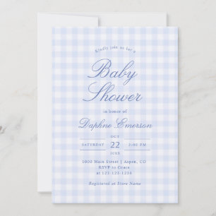 Eenvoudige Blauwe Gingham Baby Shower Uitnodiging