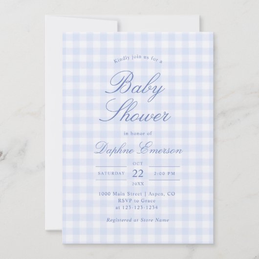 Eenvoudige Blauwe Gingham Baby Shower Uitnodiging (Voorkant)