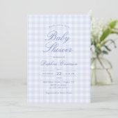 Eenvoudige Blauwe Gingham Baby Shower Uitnodiging (Staand voorkant)
