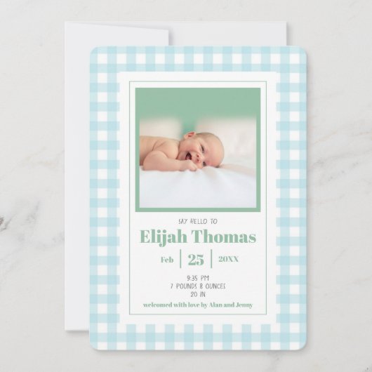 Eenvoudige blauwe Gingham foto aangepaste pasgebor Aankondiging (Voorkant)