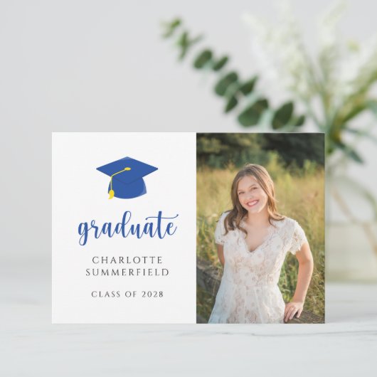 Eenvoudige blauwe goudkleurige dop Tassel uitnodig Kaart (Staand voorkant)