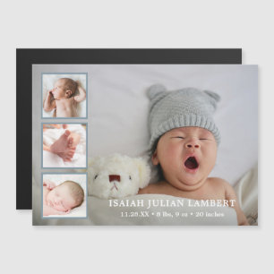 Eenvoudige blauwe jongen Foto Collage Birth Announ Magnetische Uitnodiging
