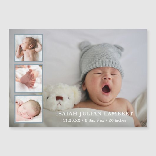 Eenvoudige blauwe jongen Foto Collage Birth Announ Magnetische Uitnodiging (Voorkant)