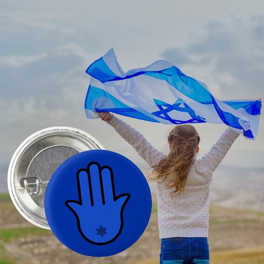 Eenvoudige Blauwe Joodse Hamsa met Ster van David Ronde Button 3,2 Cm