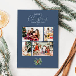 Eenvoudige blauwe kerstfotocollage met groen feestdagenkaart