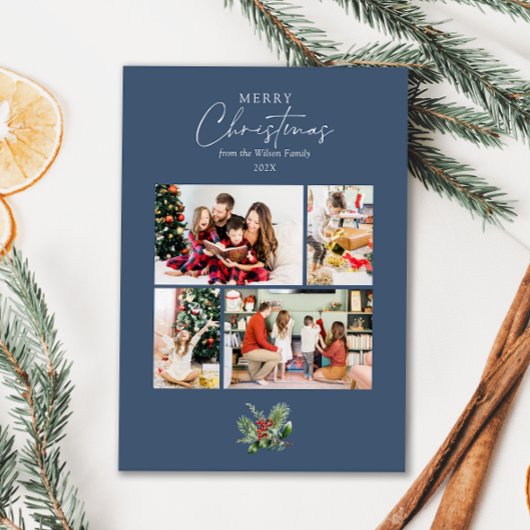 Eenvoudige blauwe kerstfotocollage met groen feestdagenkaart