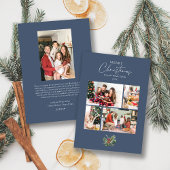 Eenvoudige blauwe kerstfotocollage met groen feestdagenkaart