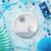 Eenvoudige blauwe konijnen, maan monogram aangepas papieren bordje (Feest)