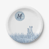 Eenvoudige blauwe konijnen, maan monogram aangepas papieren bordje (Voorkant)