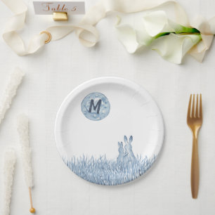 Eenvoudige Blauwe Konijnen, Moon Monogram Custom, Papieren Bordje