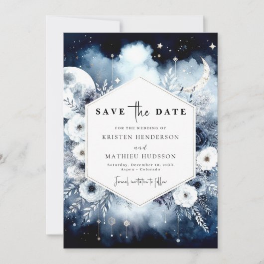 Eenvoudige blauwe maanverlichte bruiloft save the date (Voorkant)
