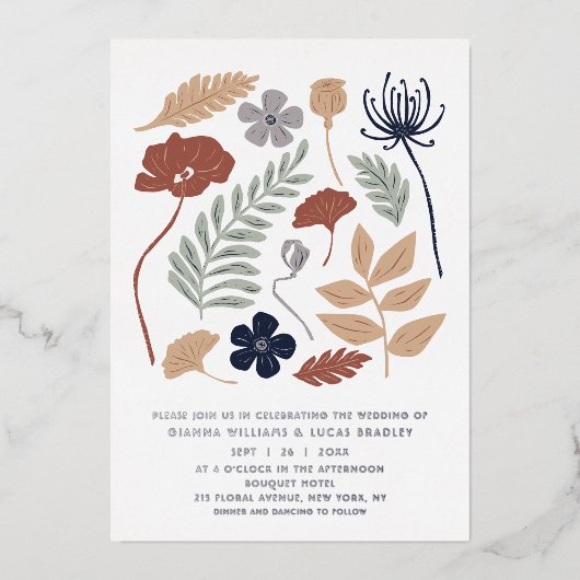 Eenvoudige blauwe mammoetbloemen - Moderne bruilof Folie Uitnodiging (Voorkant)