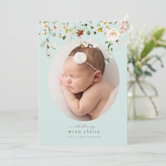 Eenvoudige blauwe mint Wildbloemen geboortebekendm Kaart (Staand voorkant)