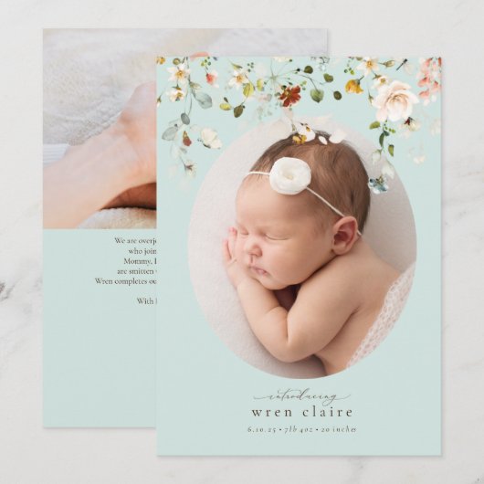 Eenvoudige blauwe mint Wildbloemen geboortebekendm Kaart (Voorkant / Achterkant)