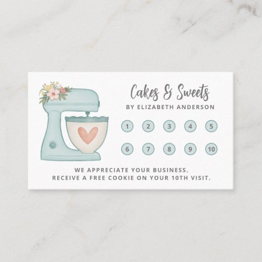 Eenvoudige Blauwe Mixer Bloemencake Bakkerij Busin Klantenkaartje (Voorkant)