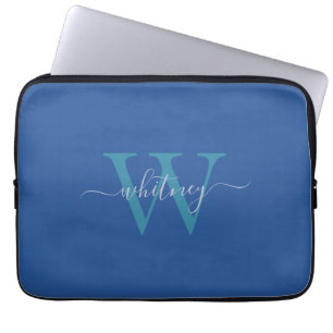 Eenvoudige blauwe monogram cursieve naam en Initia Laptop Sleeve