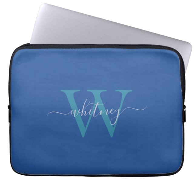 Eenvoudige blauwe monogram cursieve naam en Initia Laptop Sleeve (Voorkant)