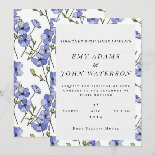 Eenvoudige Blauwe & paarse Florid huwelijksuitnodi Kaart (Voorkant / Achterkant)