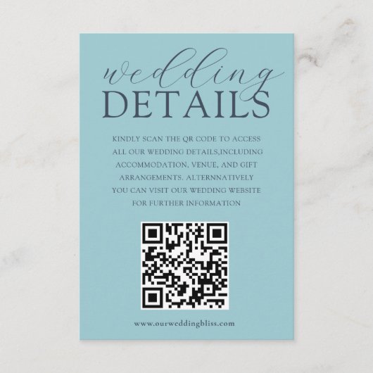 Eenvoudige Blauwe QR Code Trouwdetails Informatiekaartje (Voorkant)
