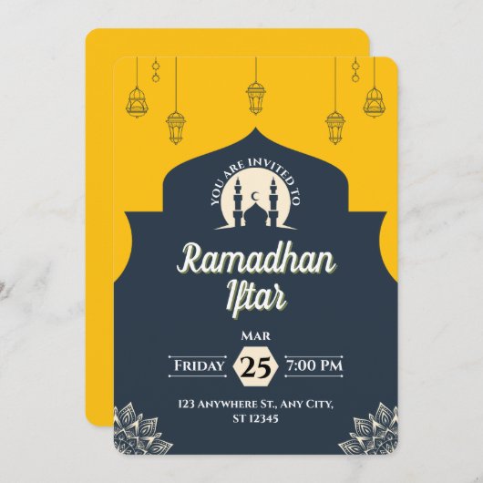 Eenvoudige Blauwe Ramadan Iftar Uitnodiging (Portr (Voorkant / Achterkant)