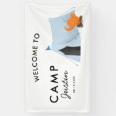 Eenvoudige blauwe tentcampagne - Birthday Party We Spandoek (Verticaal)