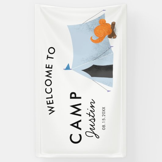 Eenvoudige blauwe tentcampagne - Birthday Party We Spandoek (Verticaal)