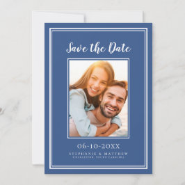 Eenvoudige Blauwe Trouw Verlovingsfoto Modern Save The Date