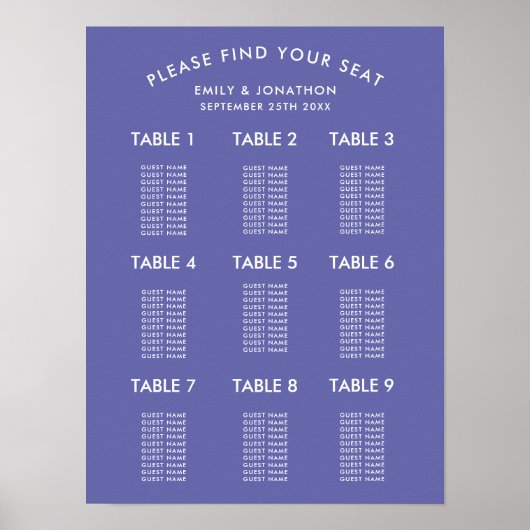 Eenvoudige Blauwe Trouwstoelindeling Poster (Voorkant)