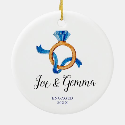 Eenvoudige blauwe Verloving Ring Engaged Couple Xm Keramisch Ornament (Achterkant)