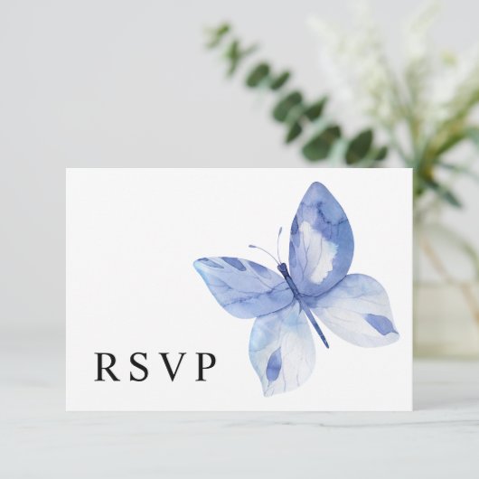 Eenvoudige Blauwe Vlinder Aquarel RSVP Kaartje (Staand voorkant)