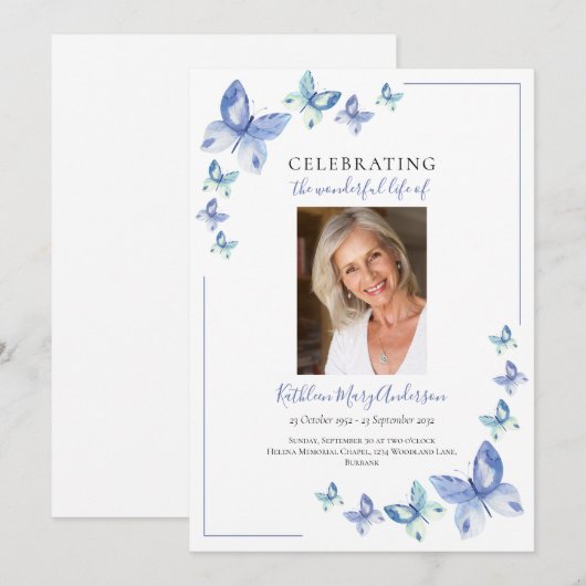 Eenvoudige blauwe vlinder viering van Life Invitat Kaart (Voorkant / Achterkant)