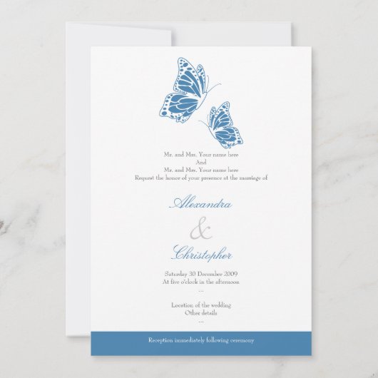 Eenvoudige Blauwe Vlinders Trouwaankondiging Kaart (Achterkant)