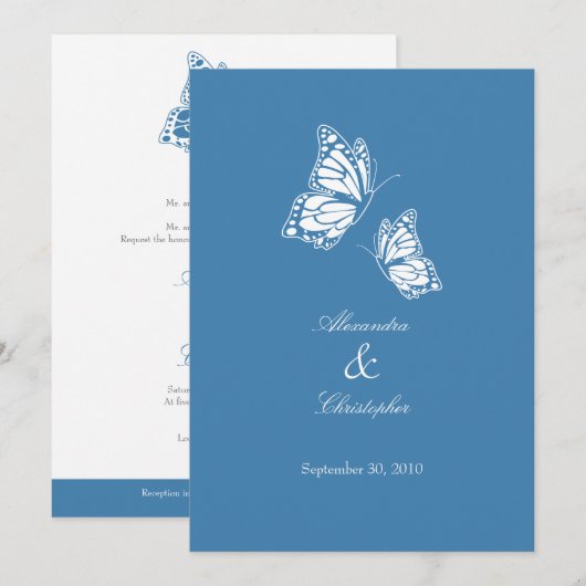 Eenvoudige Blauwe Vlinders Trouwaankondiging Kaart (Voorkant / Achterkant)