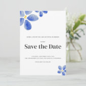 Eenvoudige Blauwe Waterverf Bloemenbruiloft Save The Date (Staand voorkant)