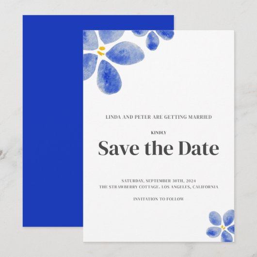 Eenvoudige Blauwe Waterverf Bloemenbruiloft Save The Date (Voorkant / Achterkant)