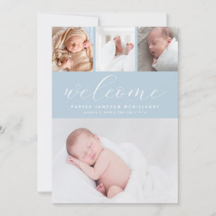 Eenvoudige Blauwe Welkomst Foto Collage Baby Jonge Aankondiging