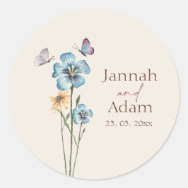 Eenvoudige Blauwe Wilde Bloem Vlinder Romantische Ronde Sticker