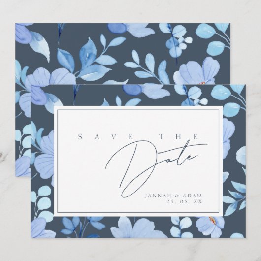 Eenvoudige Blauwe Wilde Bloemen Bruiloft Save The Date (Voorkant / Achterkant)