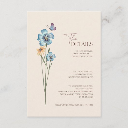 Eenvoudige Blauwe Wildflower Butterfly Wedding Det Informatiekaartje (Voorkant)